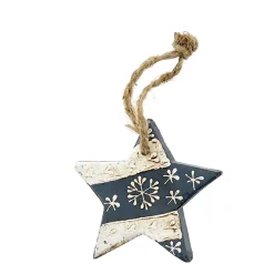 Deko Stern, Holzstern mit Schneeflocke, dunkelgrau-creme, 7x7cm, Hänger