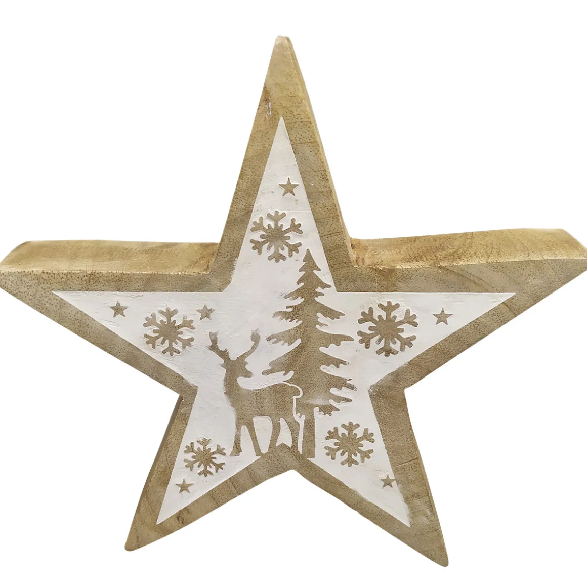 Deko Stern Winter, Holzstern mit Hirsch, Eiskristall und Tannenbaum, natur-weiß, 20x20cm