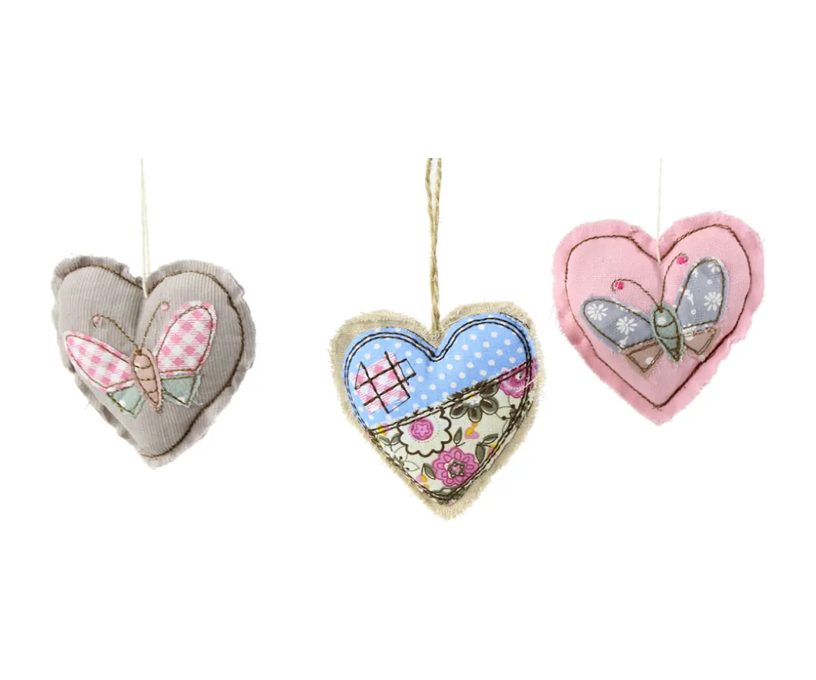 Deko Stoff-Herz, mit Schmetterlinge, Blumen, 3fach sortiert, 9x9cm, Hänger