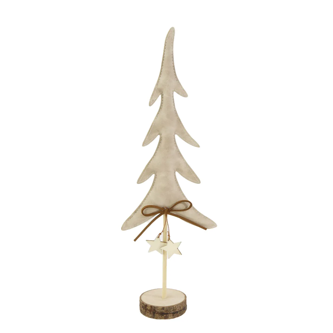 Deko Tannenbaum, Kunstleder Weihnachtsbaum mit Holzsterne und Schleife, creme, auf Holzfuß, 40cm