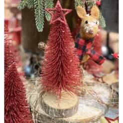 Deko Tannenbaum, roter Tannenbaum mit Glimmer, auf Holzsockel, 19cm