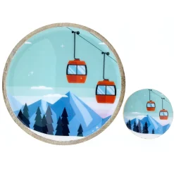 Deko Teller Gondel, Holzteller mit Lackküberzug und Bergmotiv mit Seilbahn, Ø22cm