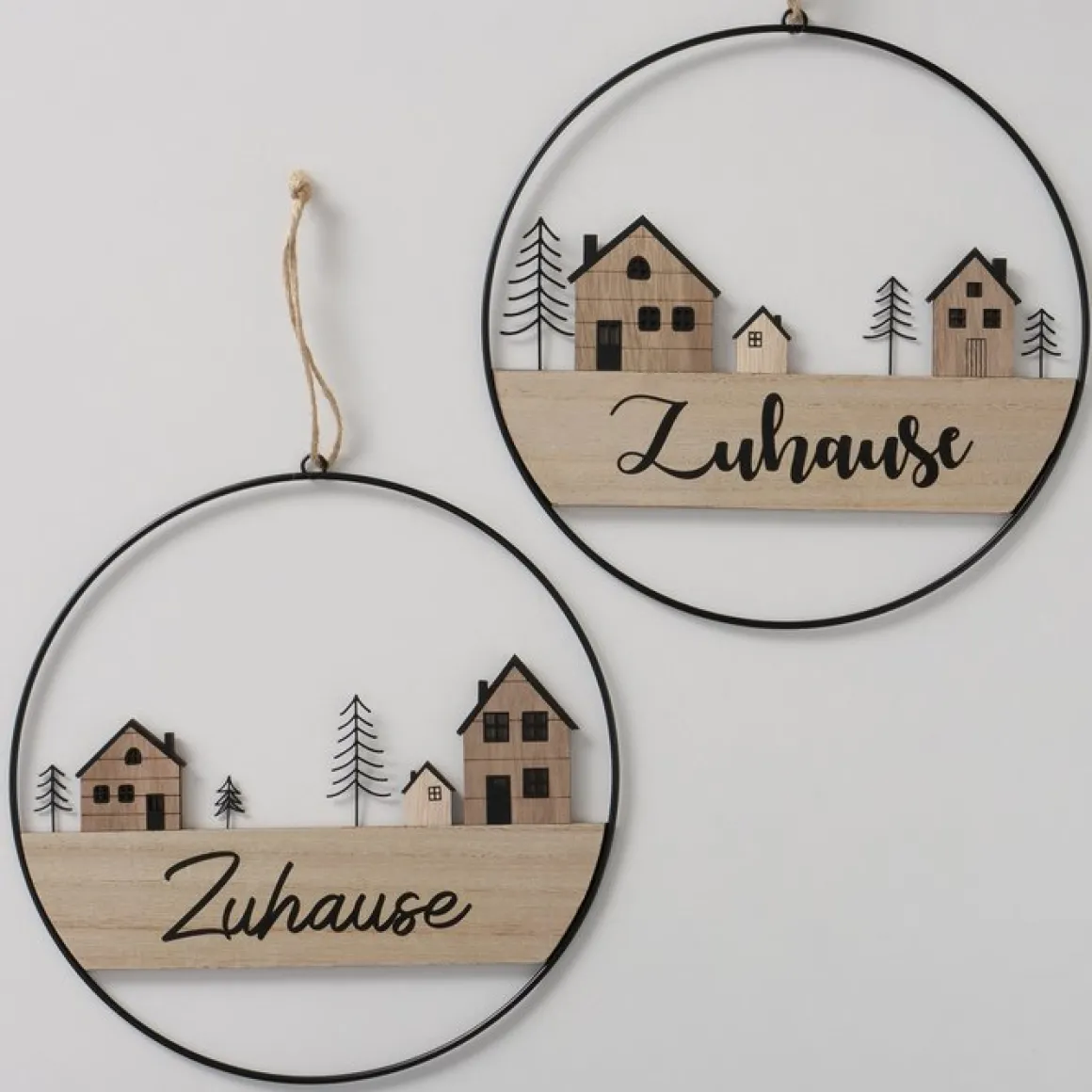 Deko Türschild Zuhause, Hänger Homewood, rund mit Häuschen und Bäume, Ø28cm, Boltze Home Collections