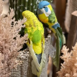 Deko Vogel bunt, Wellensittich auf Holzstange, blau-gelb-grün, 28cm