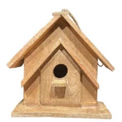 Deko Vogelhaus Natur, Holzhaus aus massivem Mangoholz, zum Hängen oder Stellen, 29cm