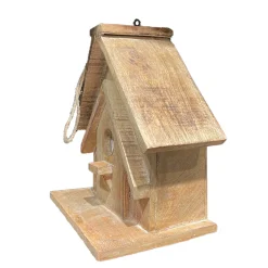 Deko Vogelhaus Natur, Holzhaus aus massivem Mangoholz, zum Hängen oder Stellen, 29cm