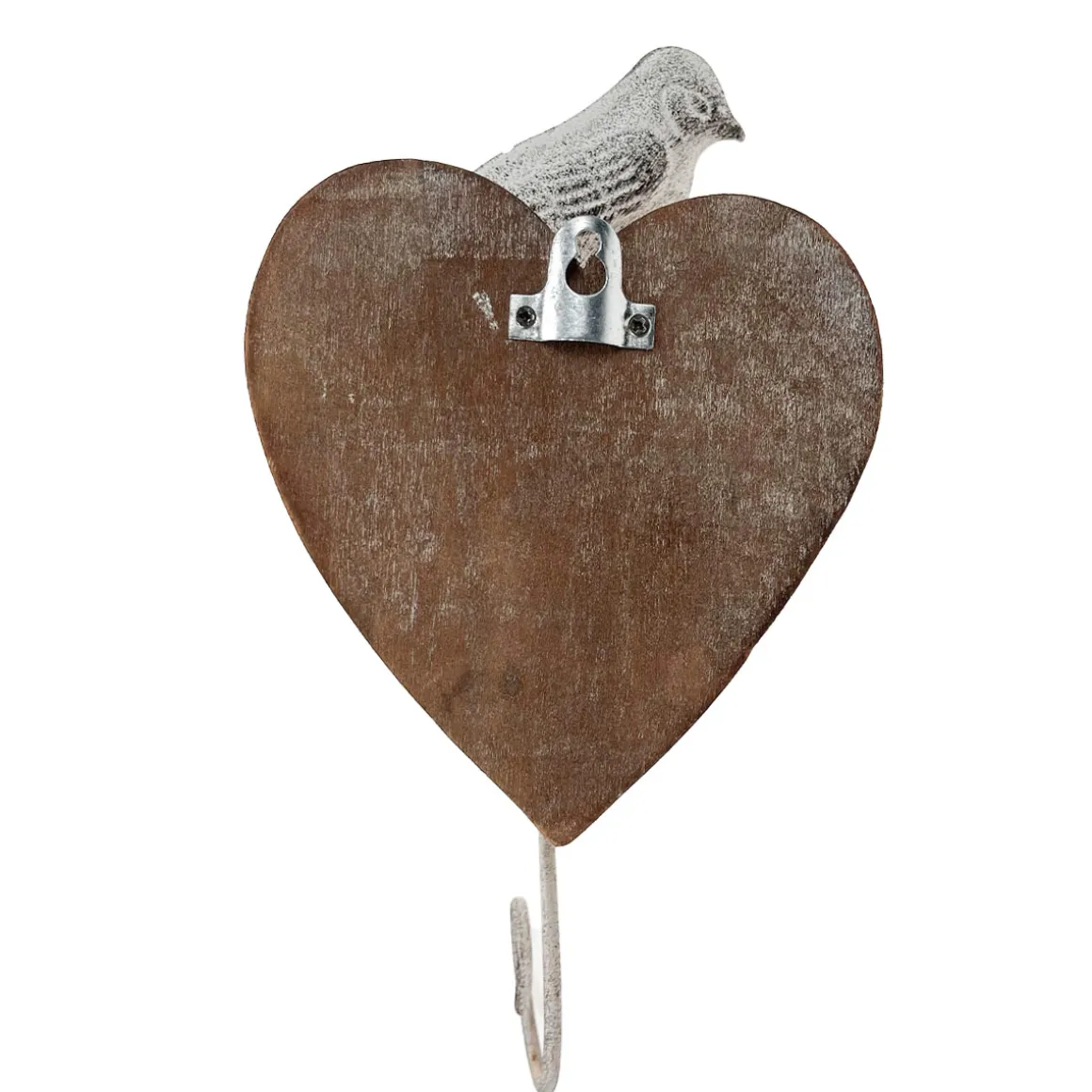 Deko Wandhaken, Herz mit Vogel, braun-weiß, used look, 21x11cm, Metall-Holz