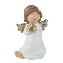 Deko Weihnachtsengel mit Stern, großer sitzender Engel im weißen Kleid, 32cm