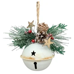 Deko Weihnachtsglocke cremeweiß used look, Metallschelle mit Gesteck, 12cm, Hänger