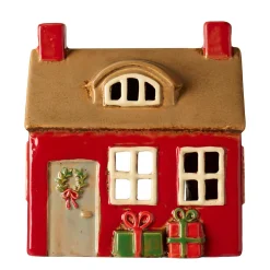 Deko Weihnachtshaus, Keramikhaus mit Türkranz und Geschenke, Windlichthaus rot, Ib Laursen