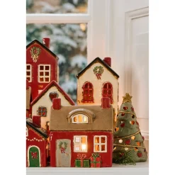 Deko Weihnachtshaus, Keramikhaus mit Türkranz und Geschenke, Windlichthaus rot, Ib Laursen