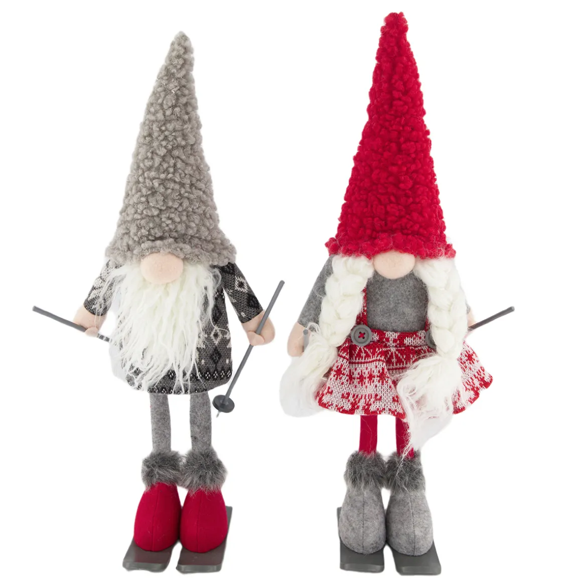 Deko Wichtel Skifahrer, grauer Wichtel mit Ski und Plüschmütze, 45cm, Baumwolle/Plüsch