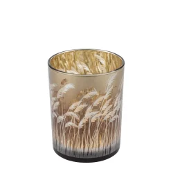 Deko Windlicht Gräser, Glaswindlicht mit Schilf-Motiv, durchscheinend, 8cm