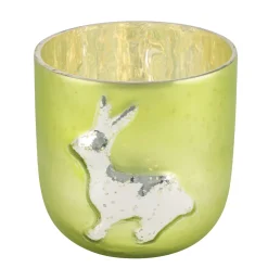 Deko Windlicht Hase, Glaswindlicht grün mit silbernem Hase, 11cm