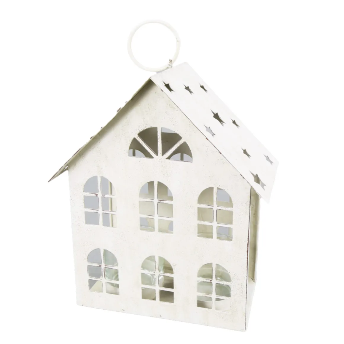 Deko Windlicht Haus Sternchen, Metallhaus mit Sternchen, creme antik, used look, 20x16cm
