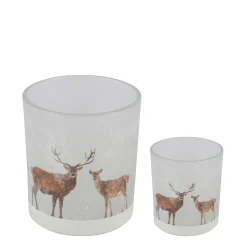 Deko Windlicht Hirsch und Reh im Schnee, Glaswindlicht Winter, 13cm
