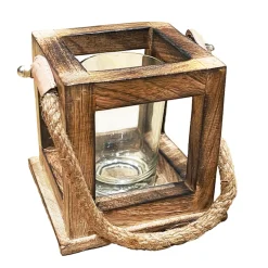 Deko Windlicht Holz, Holzwindlicht, Windlicht mit Jutekordel und Leder, 11x11cm