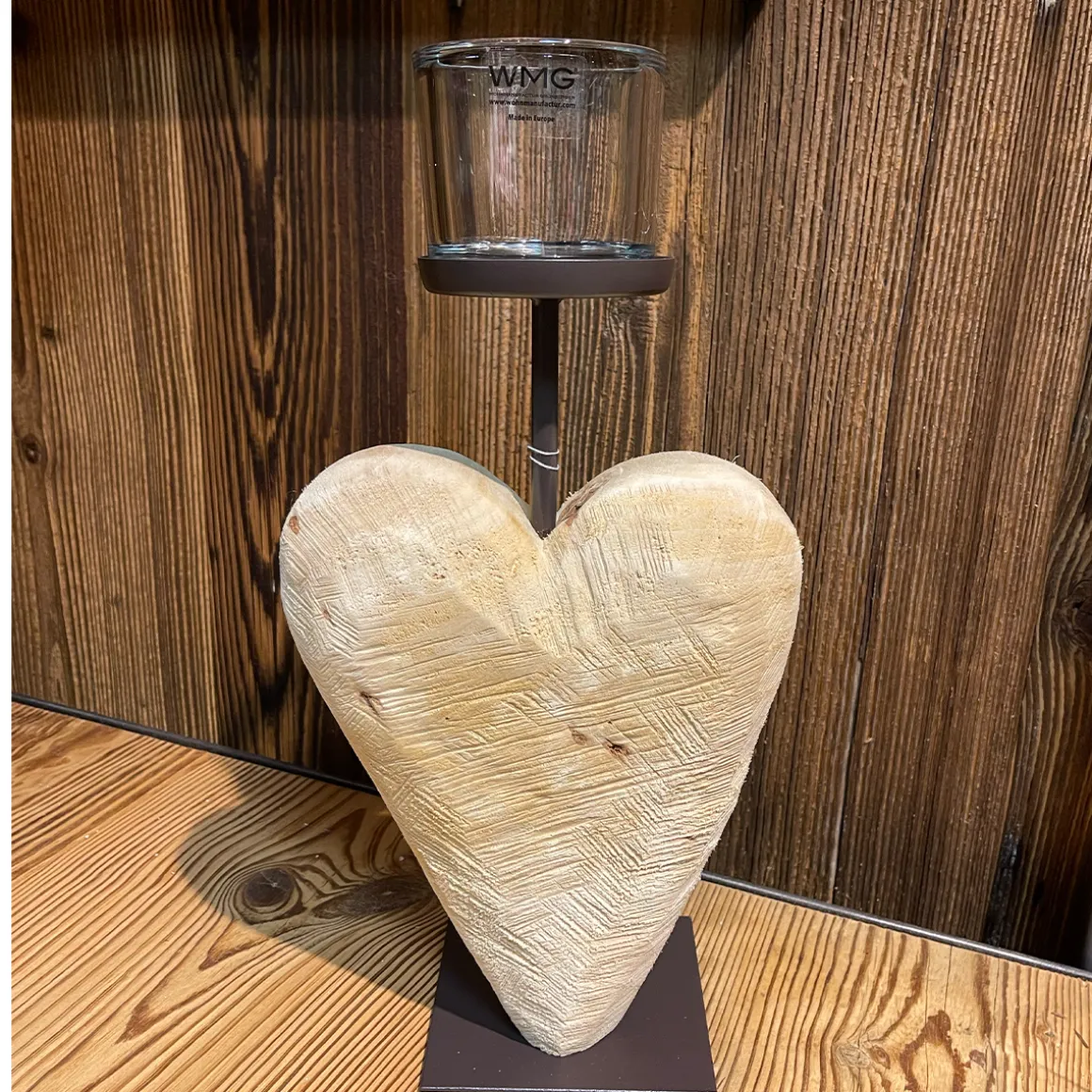 Deko Windlicht Holzherz sägerau, Naturholz-Herz auf Metallfuß, 24cm, WMG Grünberger