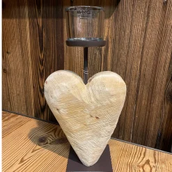 Deko Windlicht Holzherz sägerau, Naturholz-Herz auf Metallfuß, 38cm, WMG Grünberger