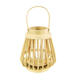 Deko Windlicht Rattan natur, Korbwindlicht Boho mit Henkel, 17x25cm