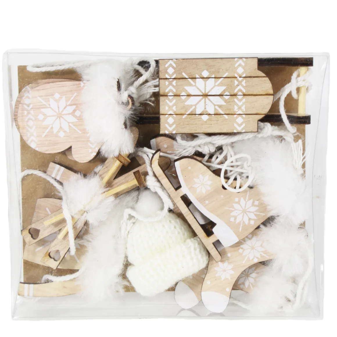 Deko Winterfiguren Schneekristall, Holzhänger mit Plüsch, 6 St.sortiert/Box, Baumhänger