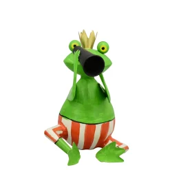 Deko Frosch Schwimmer mit Fernglas, Metallfrosch mit gestreifter Badehose, 22x28cm