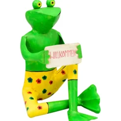 Deko Frosch Willkommen, Metallfrosch sitzend mit Blümchen-Badehose und Schild, 27cm