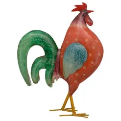 Deko Hahn, großer Metallhahn rot mit grünem Schweif, 57x77cm