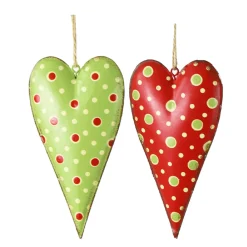 Deko Herz, Metallherz mit Punkte, rot und grün, 14cm, Hänger, Set/2
