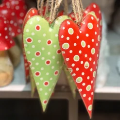 Deko Herz, Metallherz mit Punkte, rot und grün, 14cm, Hänger, Set/2