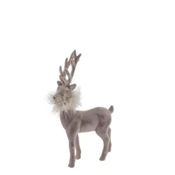 Deko Hirsch mit Federboa, grauer Hirsch, samtig beflockt, 19cm