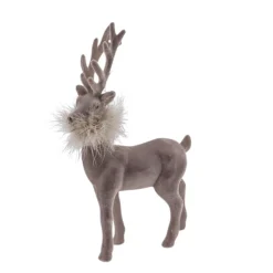 Deko Hirsch mit Federboa, großer grauer Hirsch, samtig beflockt, 45cm