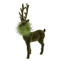 Deko Hirsch mit Federboa, großer olivgrüner Hirsch, samtig beflockt, 45cm