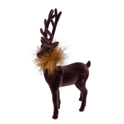 Deko Hirsch mit Federboa, großer brauner Hirsch, samtig beflockt, 45cm