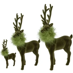 Deko Hirsch mit Federboa, olivgrüner Hirsch, samtig beflockt, 28cm