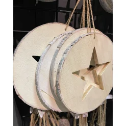 Deko Holzhänger Birke, runde Holzscheibe mit Stern, Ø20cm, weihnachtliche Naturdeko