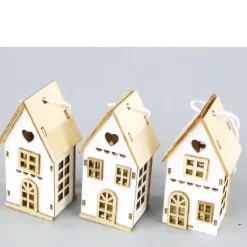 Deko Häuschen Landhaus, 3er Set Holzhäuser, weiß-natur, 12x8cm, zum Stellen oder Hängen