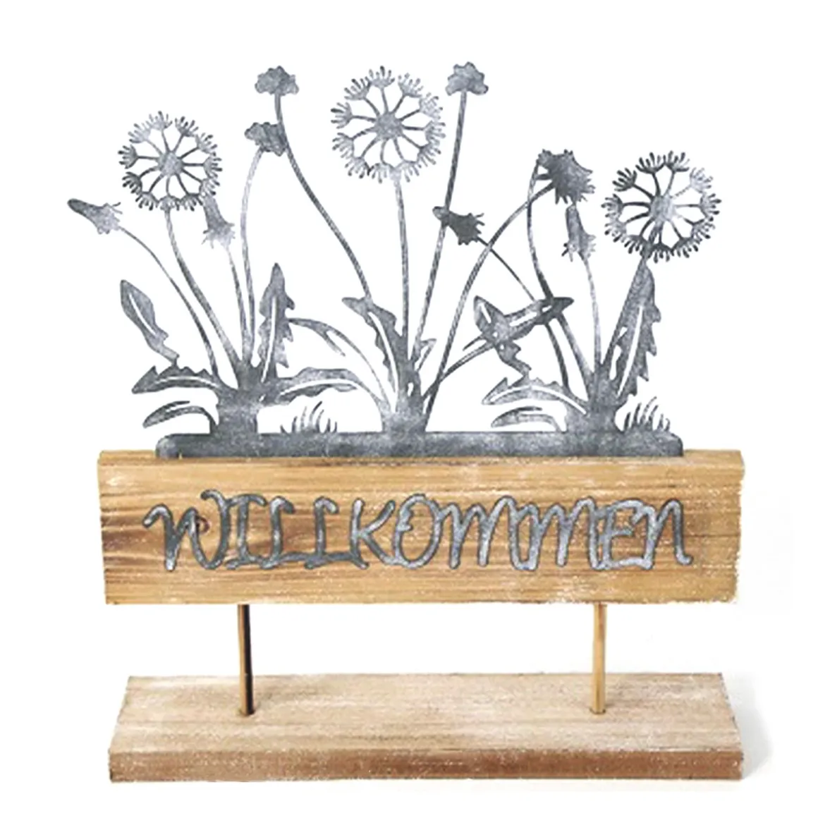 Dekoobjekt Blumenkasten Willkommen shabby chic, filigrane Zinkblumen auf Holzständer, 32x28cm