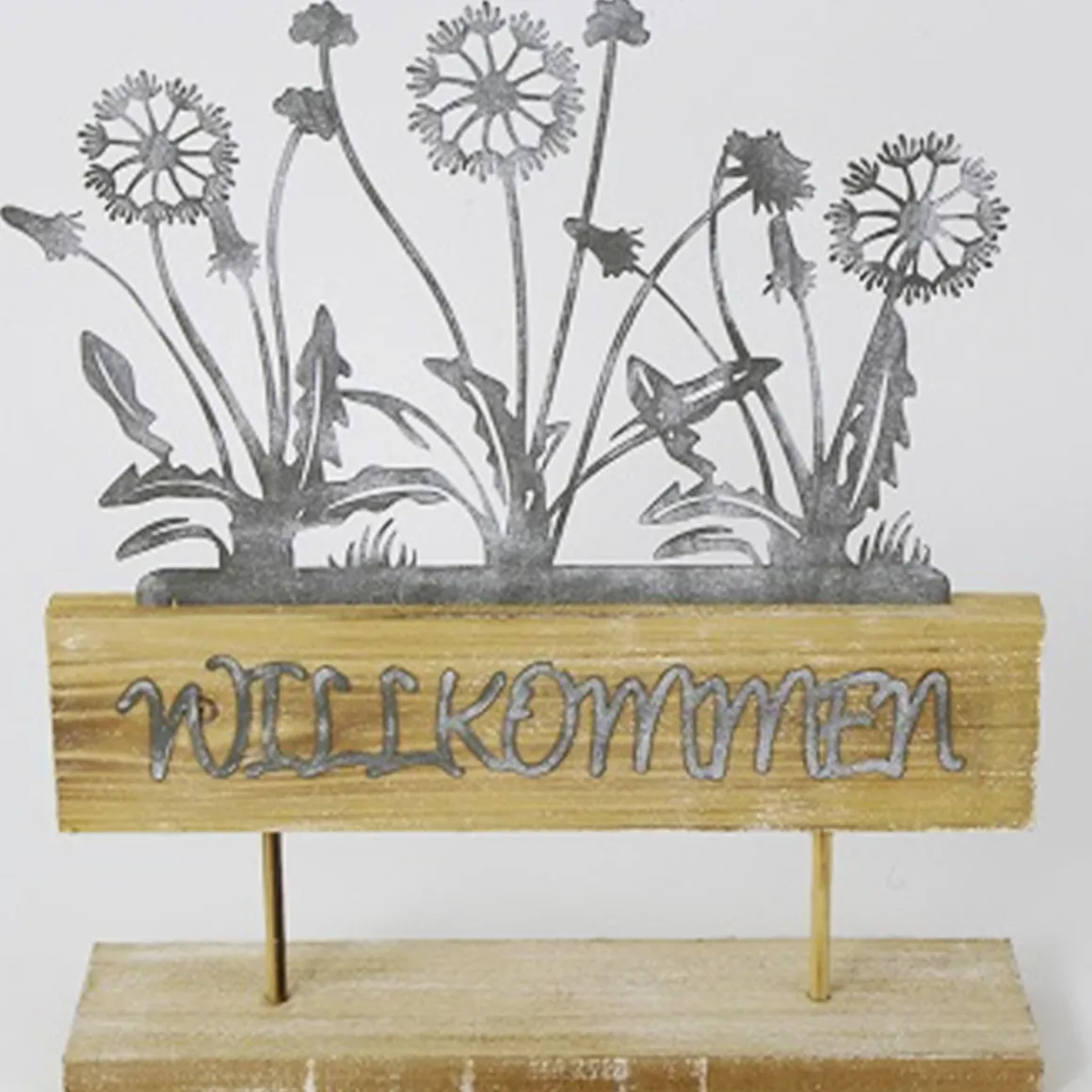 Dekoobjekt Blumenkasten Willkommen shabby chic, filigrane Zinkblumen auf Holzständer, 32x28cm