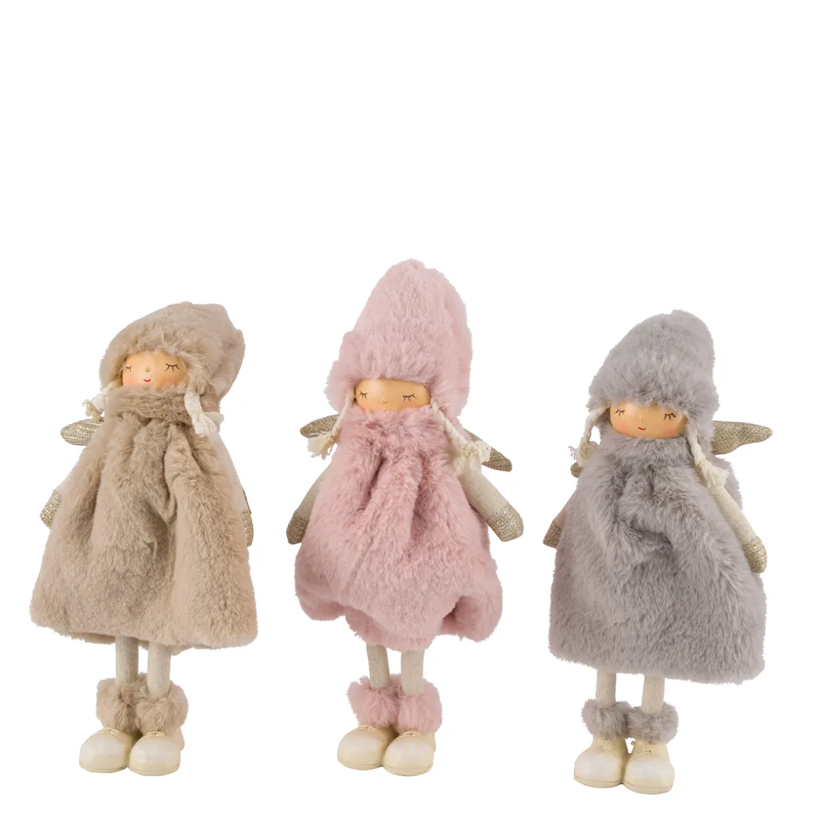 Deko Plüschengel, schicker Winterengel mit Plüschmantel beige, rosa oder grau, 28cm