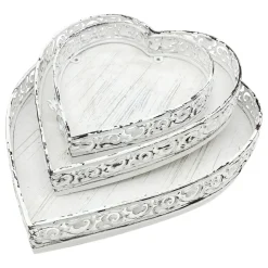 Deko Tablett Herz weiß, Metallschale mit Muster - used look, 25x28x4cm