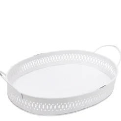 Deko Tablett weiß durchbrochen, Metalltablett mit Henkel - used look, 38x24x8cm