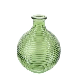 Deko Vase gerillt grün, Blumenvase grün, bauchige Glasvase mit Rillen, 15cm