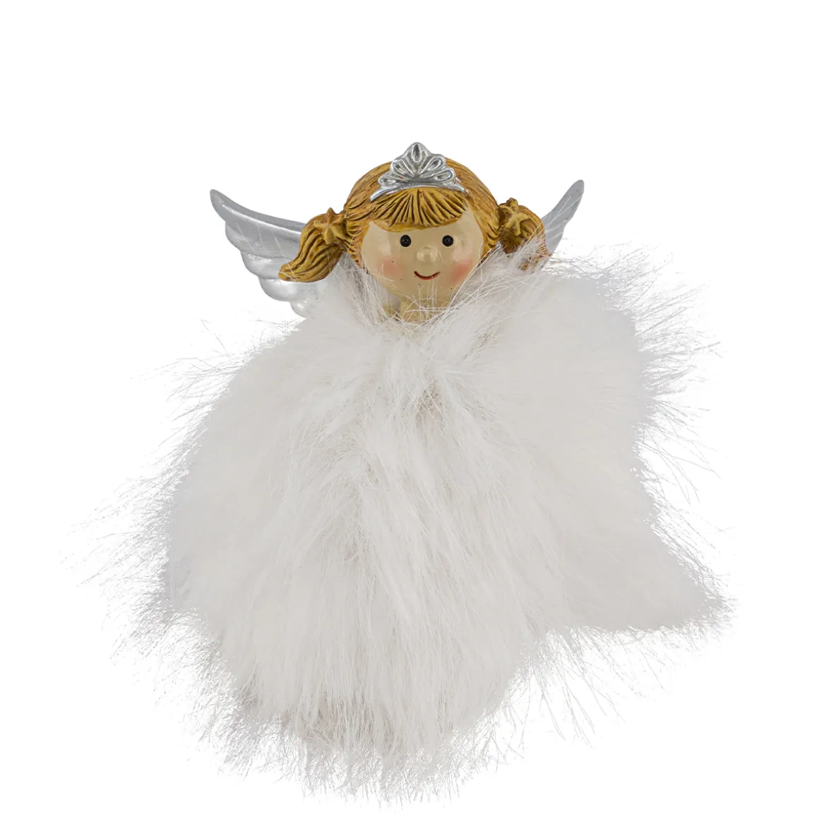 Deko Weihnachtsengel, putziges Engel-Mädchen mit Plüschkleid, Krone und Zöpfchen, 14cm