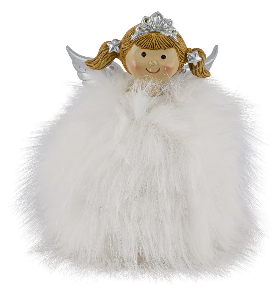 Deko Weihnachtsengel, putziges Engel-Mädchen mit Plüschkleid, Krone und Zöpfchen, 14cm