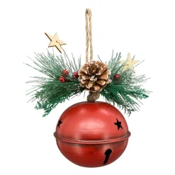 Deko Weihnachtsglocke rot used look, Metallschelle mit Gesteck, 14cm, Hänger