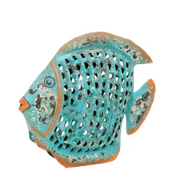 Deko Windlicht Fisch blau used look, Metallfisch mit kleinem Türchen, 31x24cm