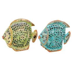 Deko Windlicht Fisch blau used look, Metallfisch mit kleinem Türchen, 31x24cm