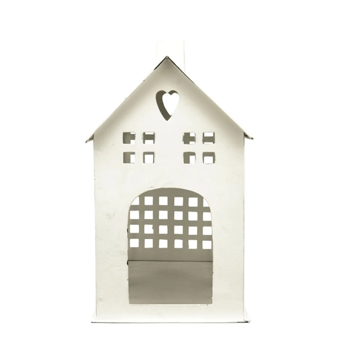 Deko Windlicht Haus mit vielen Fenstern, weiß used look, Metallhaus für Fensterbank, 28x23cm