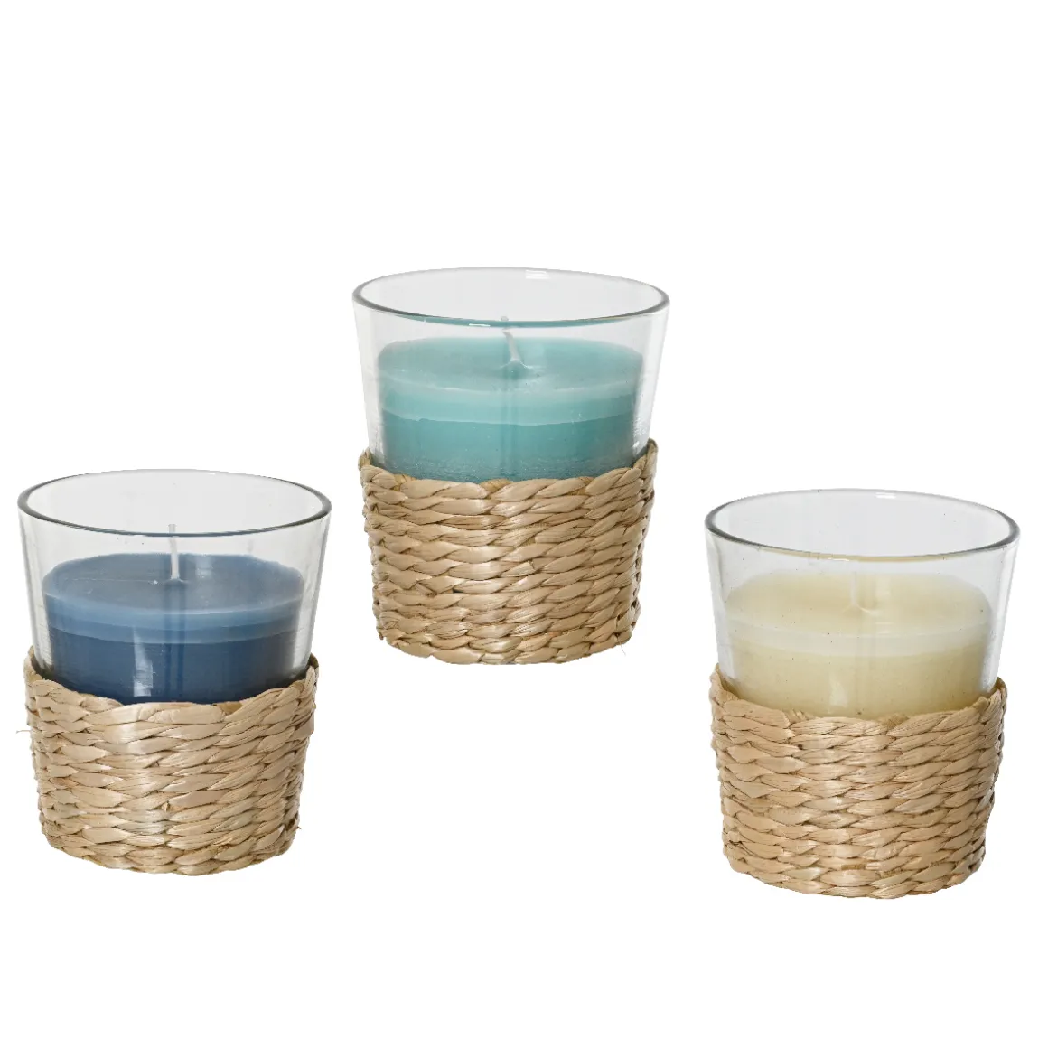 Duftkerze Citronella im Glas, Duftkerze türkis im Bastkorb, outdoor, 7x7cm